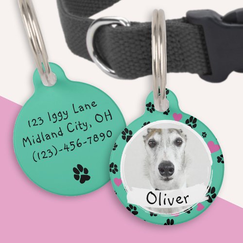 Pet dog Custom Photo Name Paw prints on green Pet ID Tag