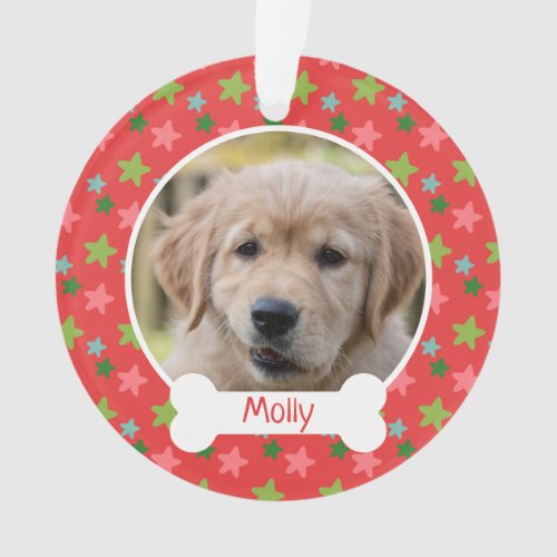 Pet Dog Cute Red Stars Holiday Puppy Photo Ornament