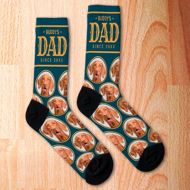 Pet Dog Dad Gift Custom Photo Pattern Blue & Gold Socks (Dog Dad Socks)