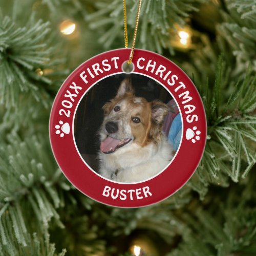 Pet Dog FIRST CHRISTMAS Pawprint Custom Color Ceramic Ornament