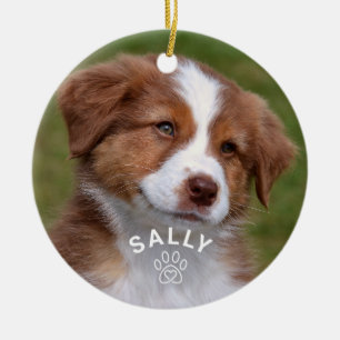 Pet Dog Glitter Paw Print Custom Name Photo Ceramic Ornament