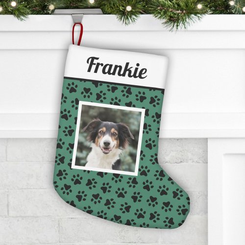 Pet Dog Green and Black Paw Prints Custom Photo Small Christmas Stocking