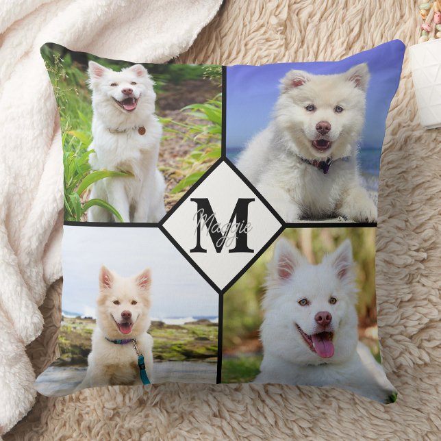Pet Dog Lover Monogram Photo Collage Throw Pillow (Creator Uploaded)