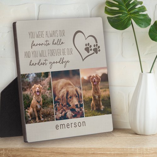 Pet Dog Memorial Beige Linen Photo Collage Plaque