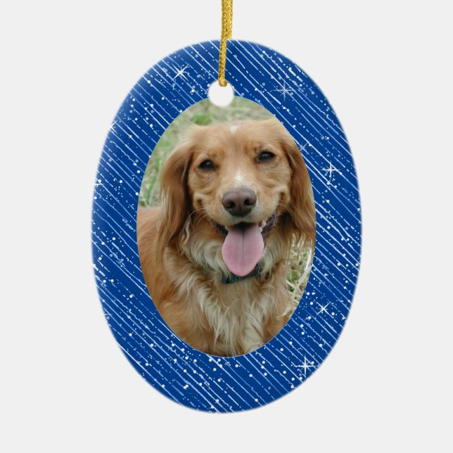 Pet Dog Memorial Blue Oval Photo Christmas Ceramic Ceramic Ornament (Front)