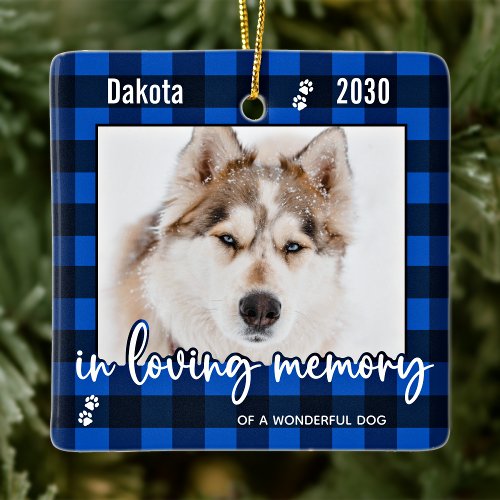 Pet Dog Memorial Blue Plaid In Loving Memory Photo Ceramic Ornament