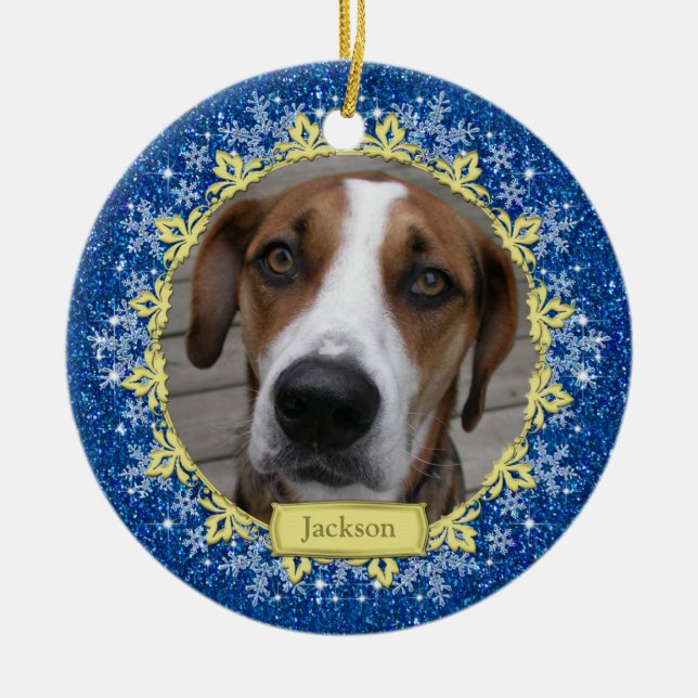 Pet Dog Memorial Blue Snowflake Photo Christmas Ceramic Ornament (Front)