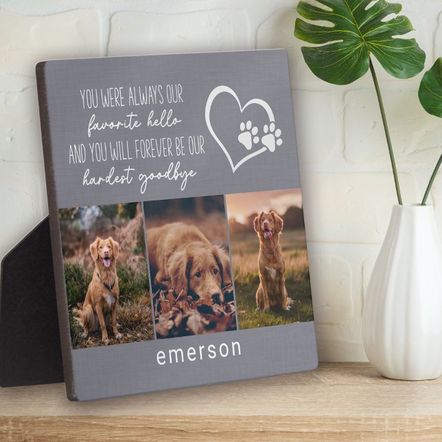Pet Dog Memorial Gray Linen Photo Collage Plaque (Creator Uploaded)