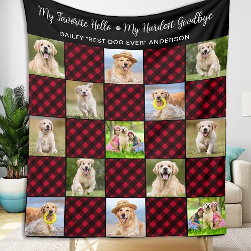 Pet Dog Memorial Personalized 13 Photo Red Plaid  Fleece Blanket