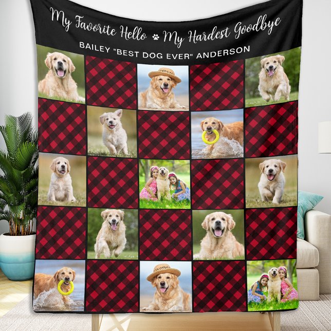 Pet Dog Memorial Personalized 13 Photo Red Plaid  Fleece Blanket (Creator Uploaded)