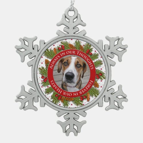 Pet Dog Memorial Photo Christmas Pine Boughs Holly Snowflake Pewter Christmas Ornament