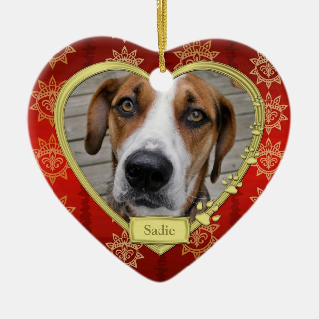 Pet Dog Memorial Photo Christmas Red Gold Heart Ceramic Ornament (Front)