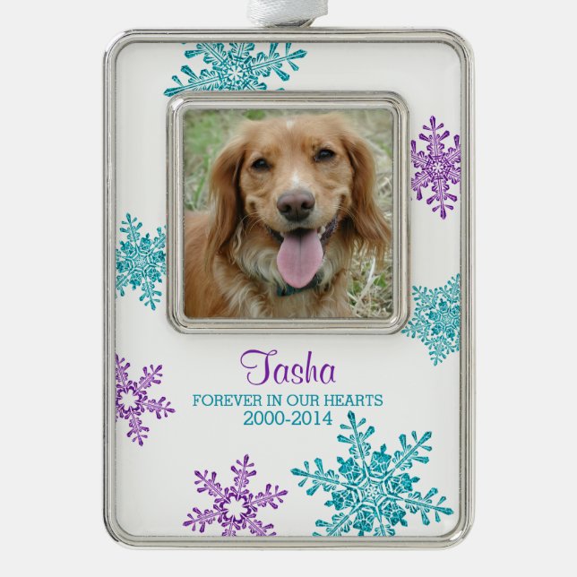 Pet Dog Memorial Photo Christmas Teal Purple Ornament (Front)
