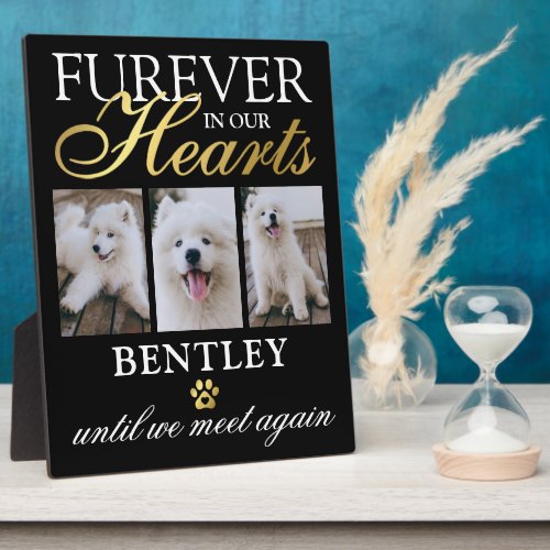 Pet Dog Memorial Photo Keepsake Plaque - Elegant pet memorial photo plaque featuring 3 photographs of your beloved dog, the saying "furever in our hearts", your pets name, a faux gold foil paw print, and the sympathy saying "until we meet again".