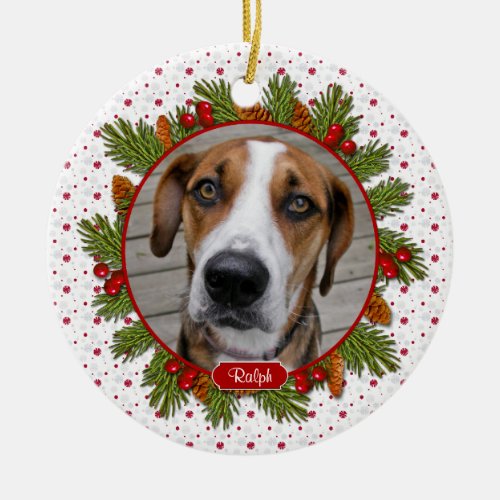 Pet Dog Memorial Pine Boughs Holly Photo Christmas Ceramic Ornament