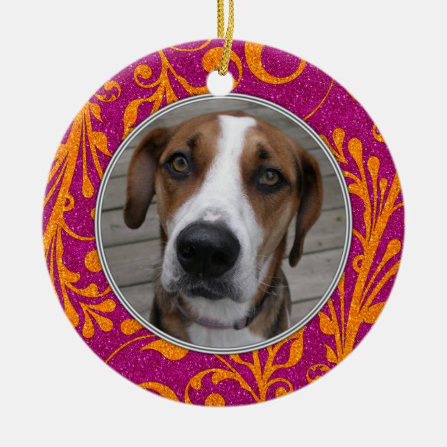 Pet Dog Memorial Pink Orange Photo Christmas Ceramic Ornament (Front)