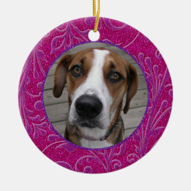 Pet Dog Memorial Pink Purple Photo Christmas Ceramic Ornament (Front)
