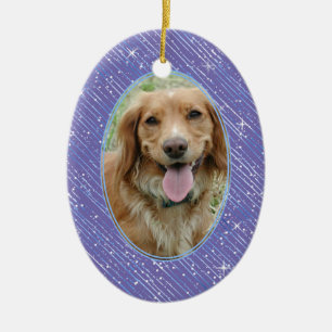 Pet Dog Memorial Purple Blue Oval Photo Christmas Ceramic Ornament