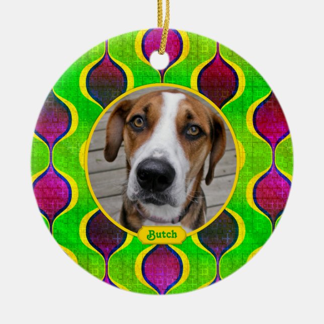 Pet Dog Memorial Purple Green Photo Christmas Ceramic Ornament (Front)