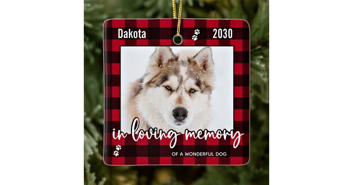 Pet Dog Memorial Red Plaid In Loving Memory Photo Ceramic Ornament | Zazzle