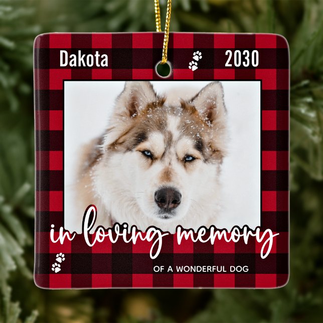 Pet Dog Memorial Red Plaid In Loving Memory Photo Ceramic Ornament (Creator Uploaded)