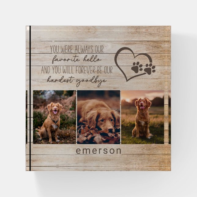 Pet Dog Memorial Rustic Wood Photo Collage  Paperweight (Front)