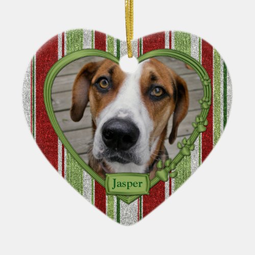 Pet Dog Memorial Stripes Photo Heart Christmas Ceramic Ornament