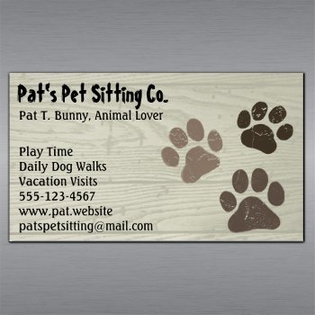 Pet Dog Or Cat Paw Prints On Faux Weatherd Wood Magnetic Business Card by jennsdoodleworld at Zazzle