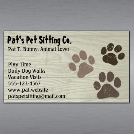 Pet Dog Or Cat Paw Prints On Faux Weatherd Wood Magnetic Business Card