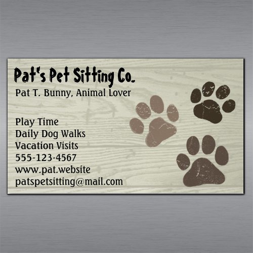 Pet Dog or Cat Paw Prints on Faux Weatherd Wood Magnetic Business Card