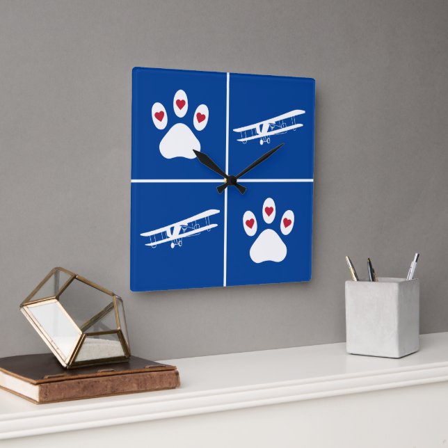 Pet Dog Paw Print & Airplane, Cute Aviation Blue Square Wall Clock (Office)