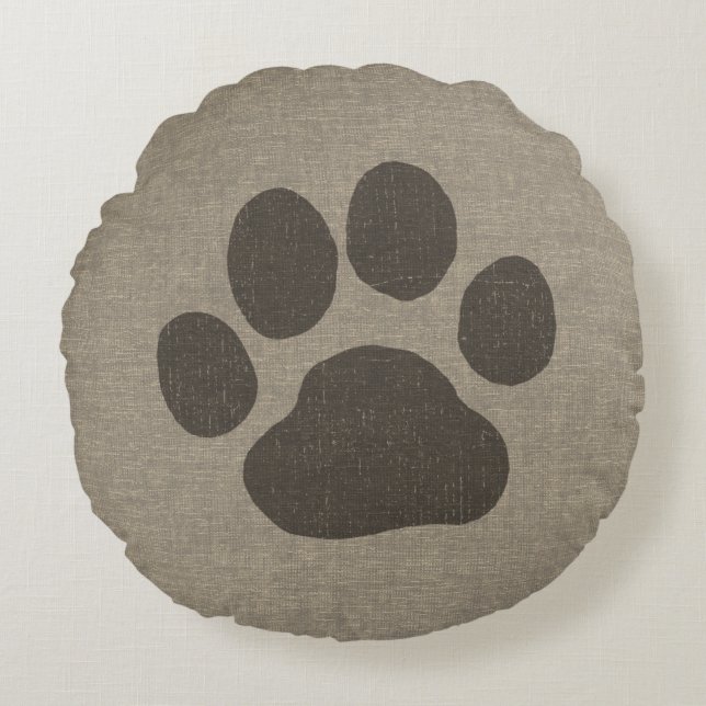 Pet Dog Paw Print | Faux Linen Burlap Style Round Pillow (Front)