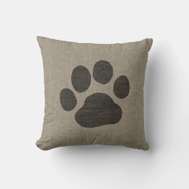 Pet Dog Paw Print | Faux Linen Burlap Style Throw Pillow (Front)