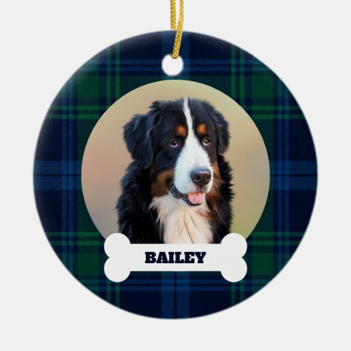 Pet Dog Photo Blue Green Tartan Plaid Name on Bone Ceramic Ornament