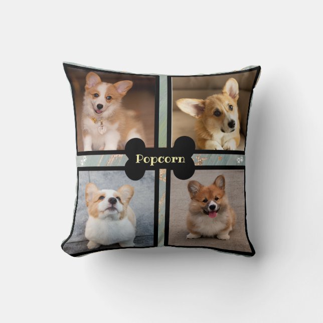 Pet dog photo collage - green  throw pillow (Front)