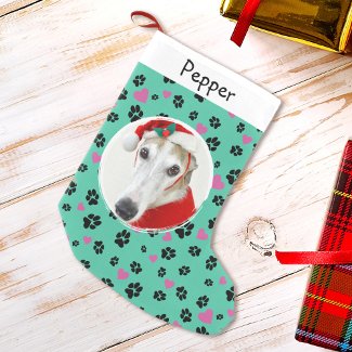 Pet Dog Photo Custom Name Cute Paw prints on Green