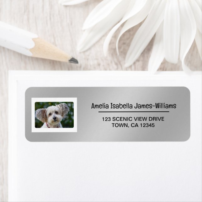 Pet Dog Photo Elegant Modern Return Address Silver Label (Insitu)