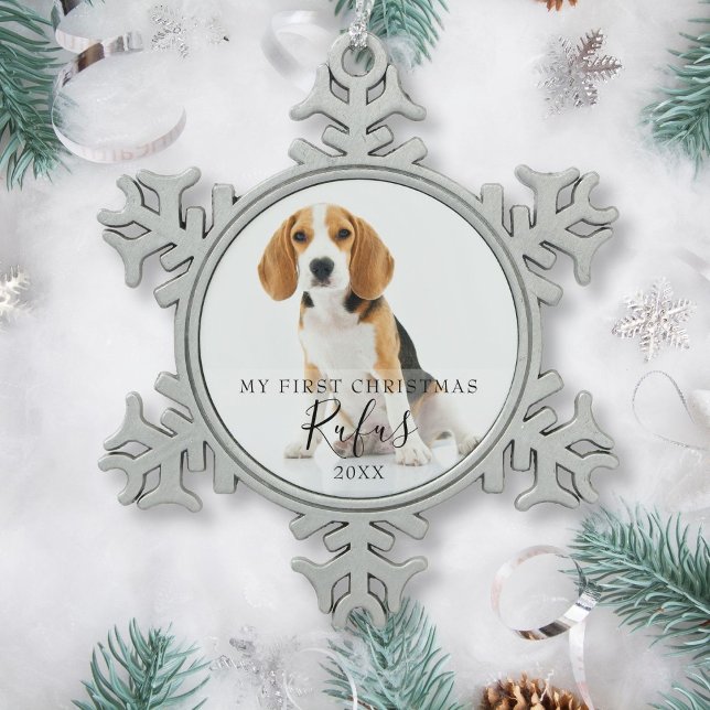Pet Dog  Photo First Christmas Script Snowflake Pewter Christmas Ornament (Pet Dog Photo First Christmas Script Snowflake Pewter Christmas Ornament)