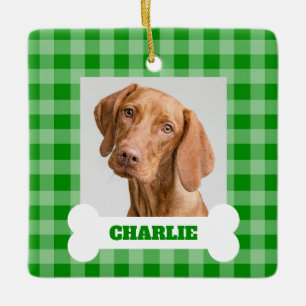 Pet Dog Photo Green Plaid White Bone Custom Name Ceramic Ornament