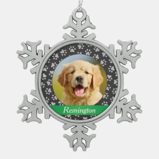 Pet Dog Photo Green Silver Name Paw Prints Holiday Snowflake Pewter Christmas Ornament