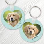 Pet dog photo inside heart with name aqua blue keychain<br><div class="desc">Aqua blue or custom color keyring featuring your pets photo inside a heart with the name in a handwritten style script font. Double sided printing.</div>