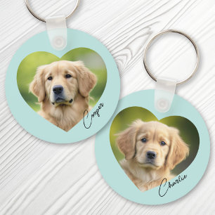 Pet dog photo inside heart with name aqua blue keychain