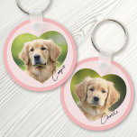 Pet dog photo inside heart with name pink border keychain<br><div class="desc">Pink or custom color keyring featuring your pets photo inside a heart with the name in a handwritten style script font and a darker pink border around the edge of the keyring. Double sided printing.</div>