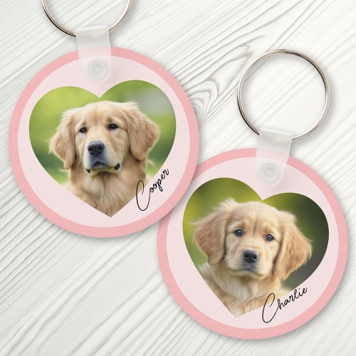 Pet dog photo inside heart with name pink border keychain