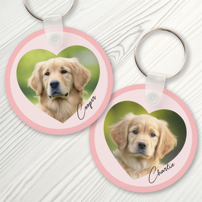 Pet dog photo inside heart with name pink border keychain (Creator Uploaded)