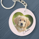 Pet dog photo inside heart with name pink keychain<br><div class="desc">Pink or custom color keyring featuring your pets photo inside a heart with the name in a handwritten style script font.</div>