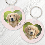 Pet dog photo inside heart with name pink keychain<br><div class="desc">Pink or custom color keyring featuring your pets photo inside a heart with the name in a handwritten style script font. Double sided printing.</div>