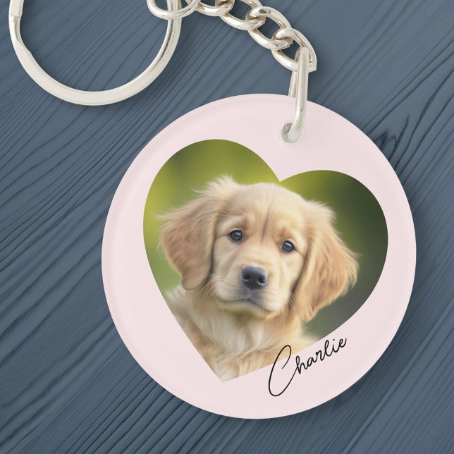 Pet dog photo inside heart with name pink keychain (Creator Uploaded)