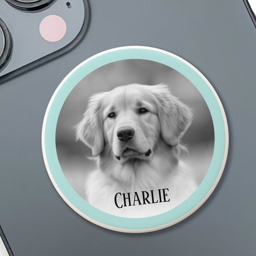 Pet dog photo light aqua blue border add dogs name PopSocket