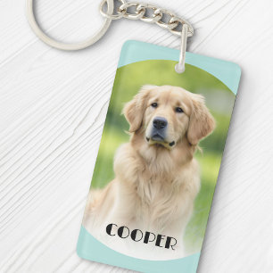 Pet dog photo light aqua blue curved borders name keychain